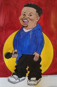 a cartoon drawing of a man holding a microphone