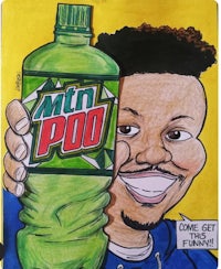 a caricature of a man holding a bottle of mtn poop