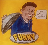 a cartoon of a man holding a plate with the word funny