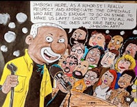 a cartoon of a man with a microphone in front of a crowd