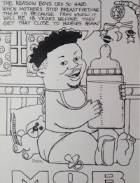 a cartoon drawing of a baby holding a bottle