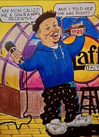 a cartoon of a man holding a microphone