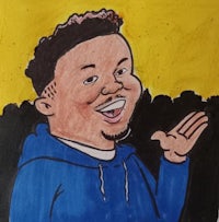 a drawing of a man in a blue hoodie